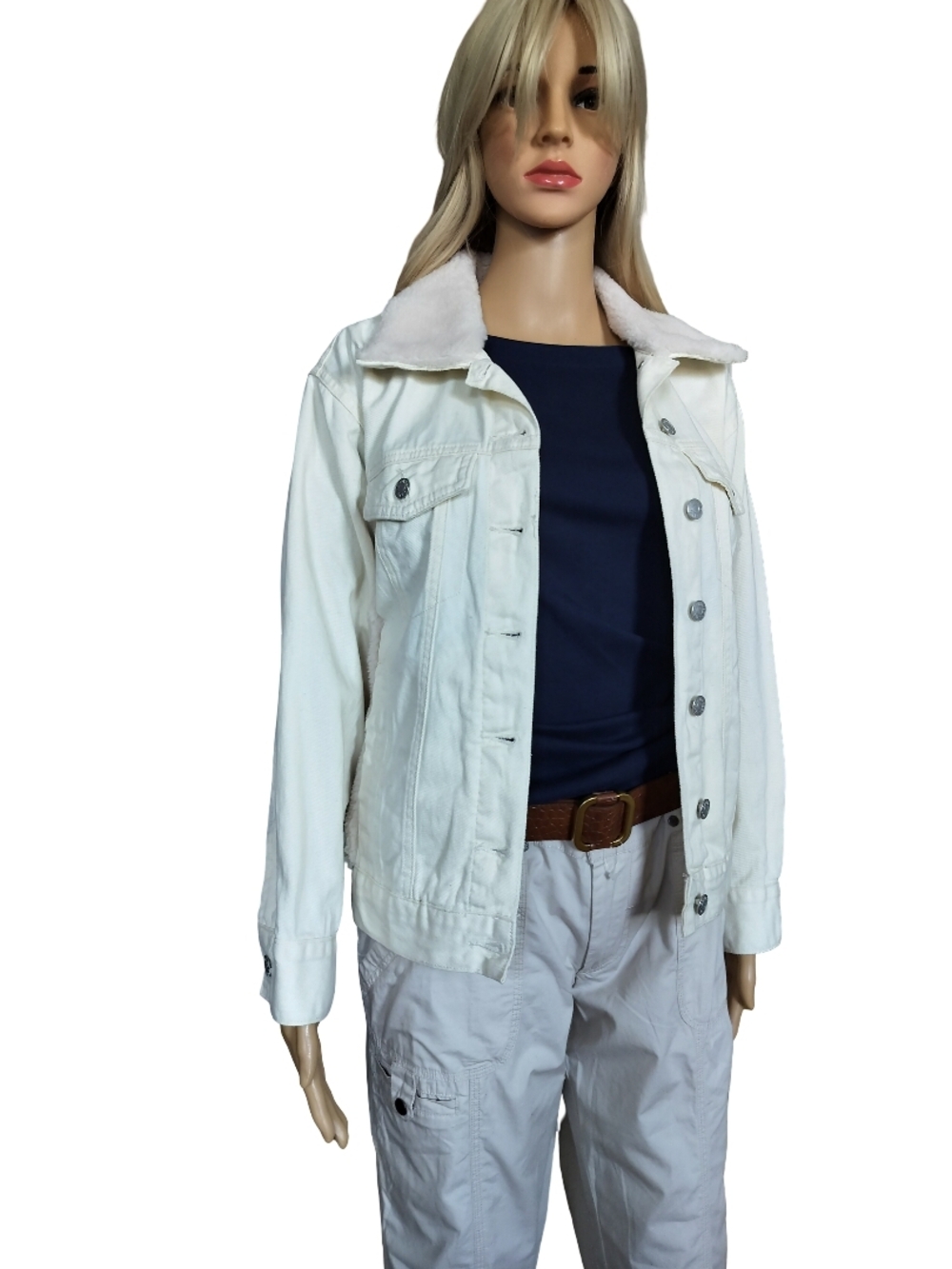 Madden Girl Ivory Sherpa-Collar Denim Jacket Size XS NWT